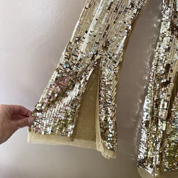 Lovers And Friends Lux Dress Gold Sequin Cocktail Mini Sheer Panel Revolve Sz XS - Picture 11 of 15